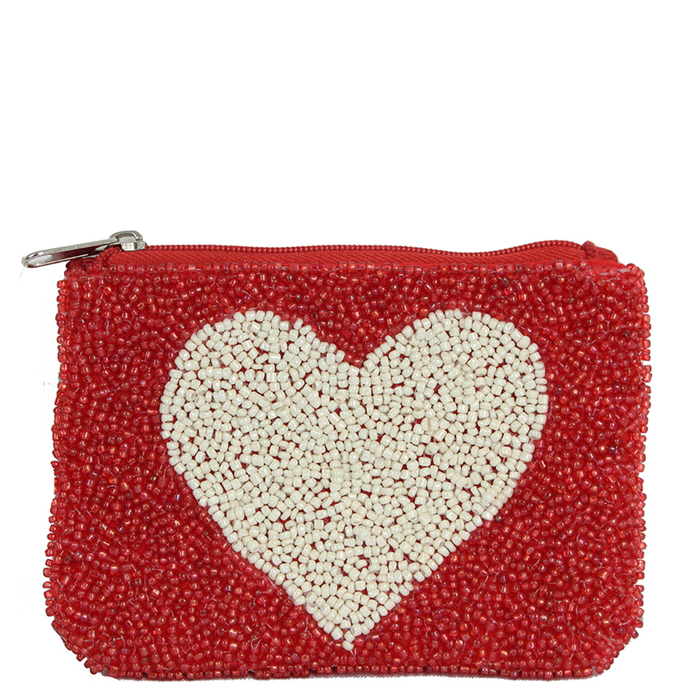 Heart Beaded Zipper Bag - Red
