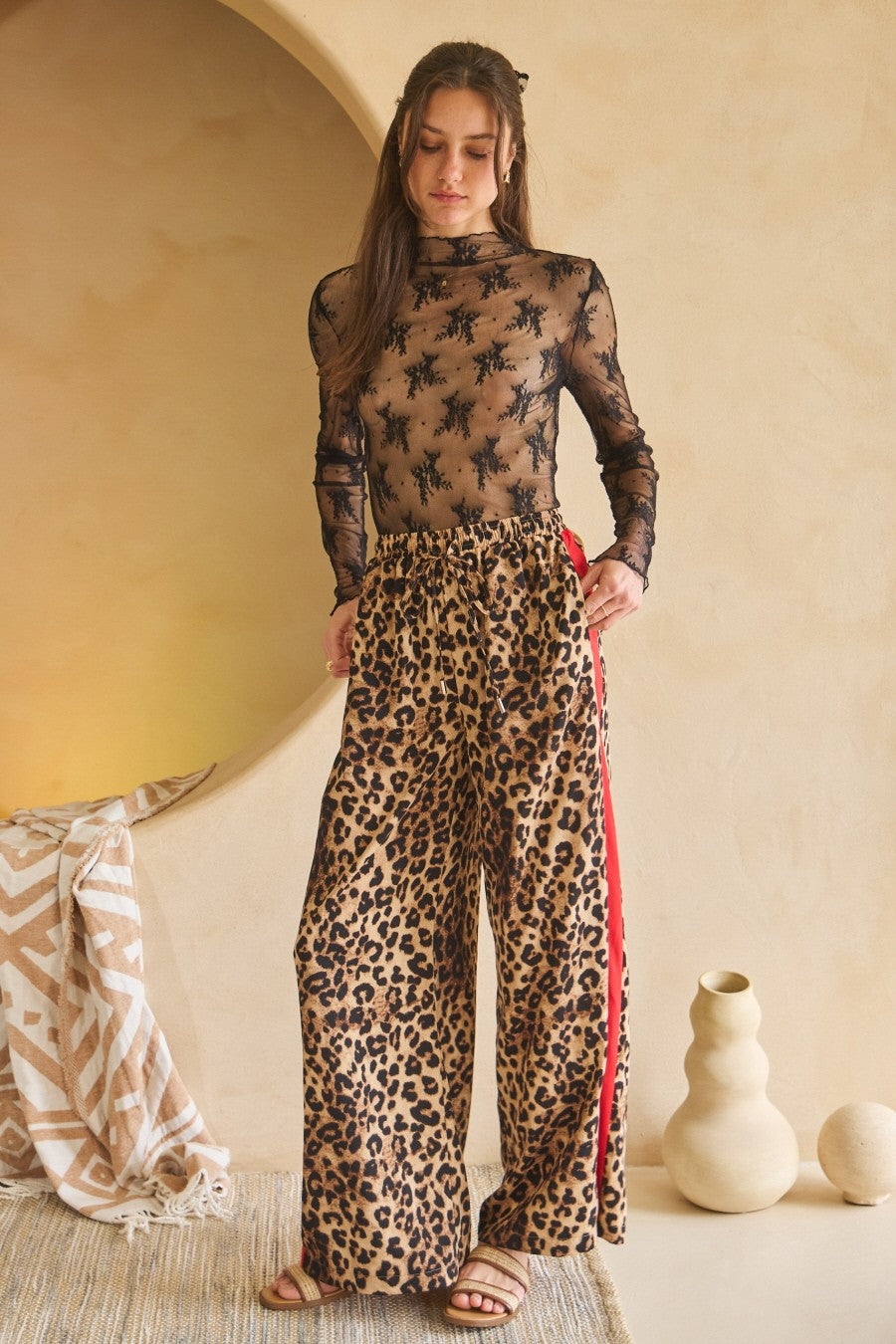 Leopard Printed Pants w/ Red Stripe