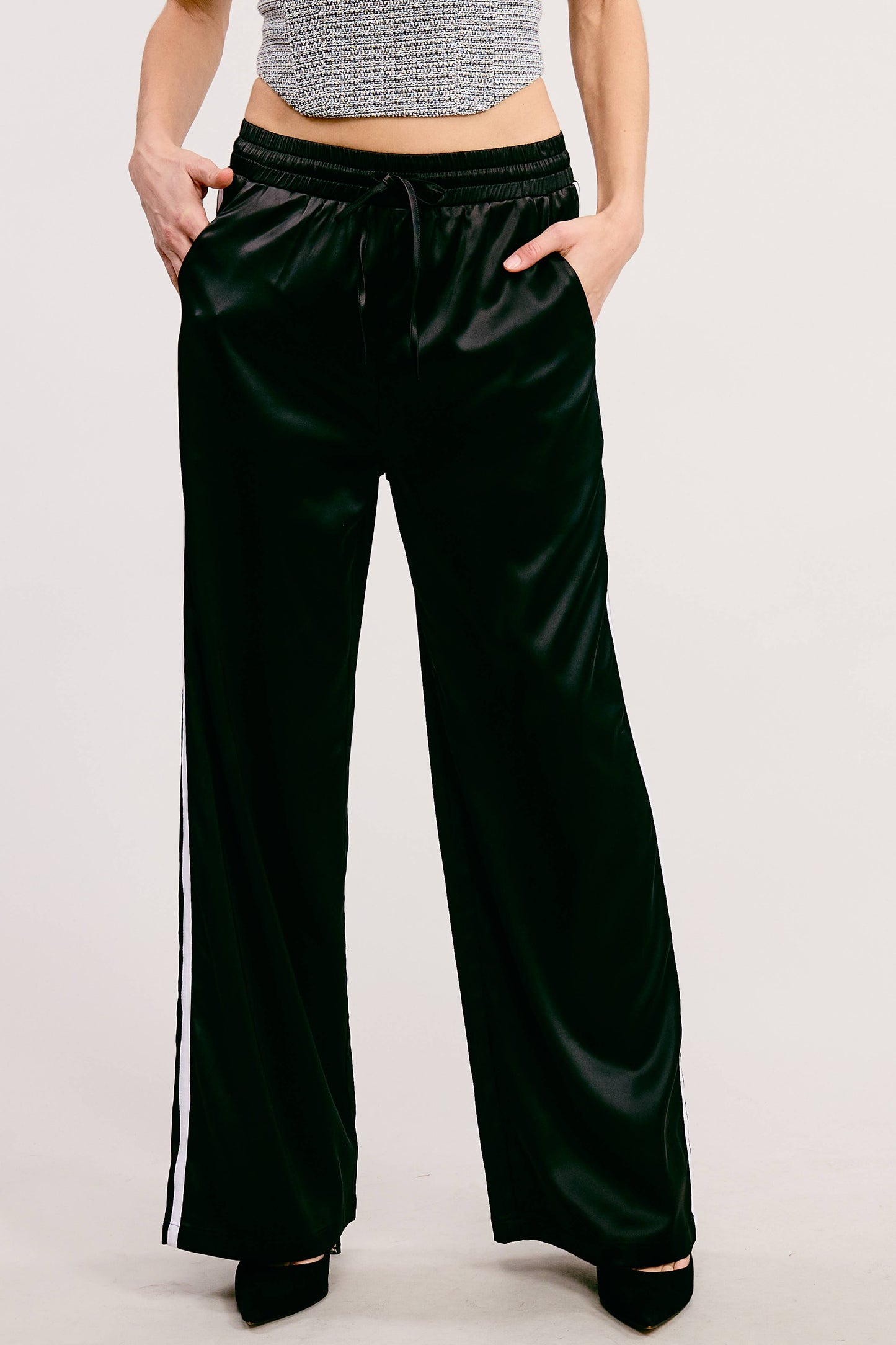 Satin Track Pants with Side Stripes - Black w/ White