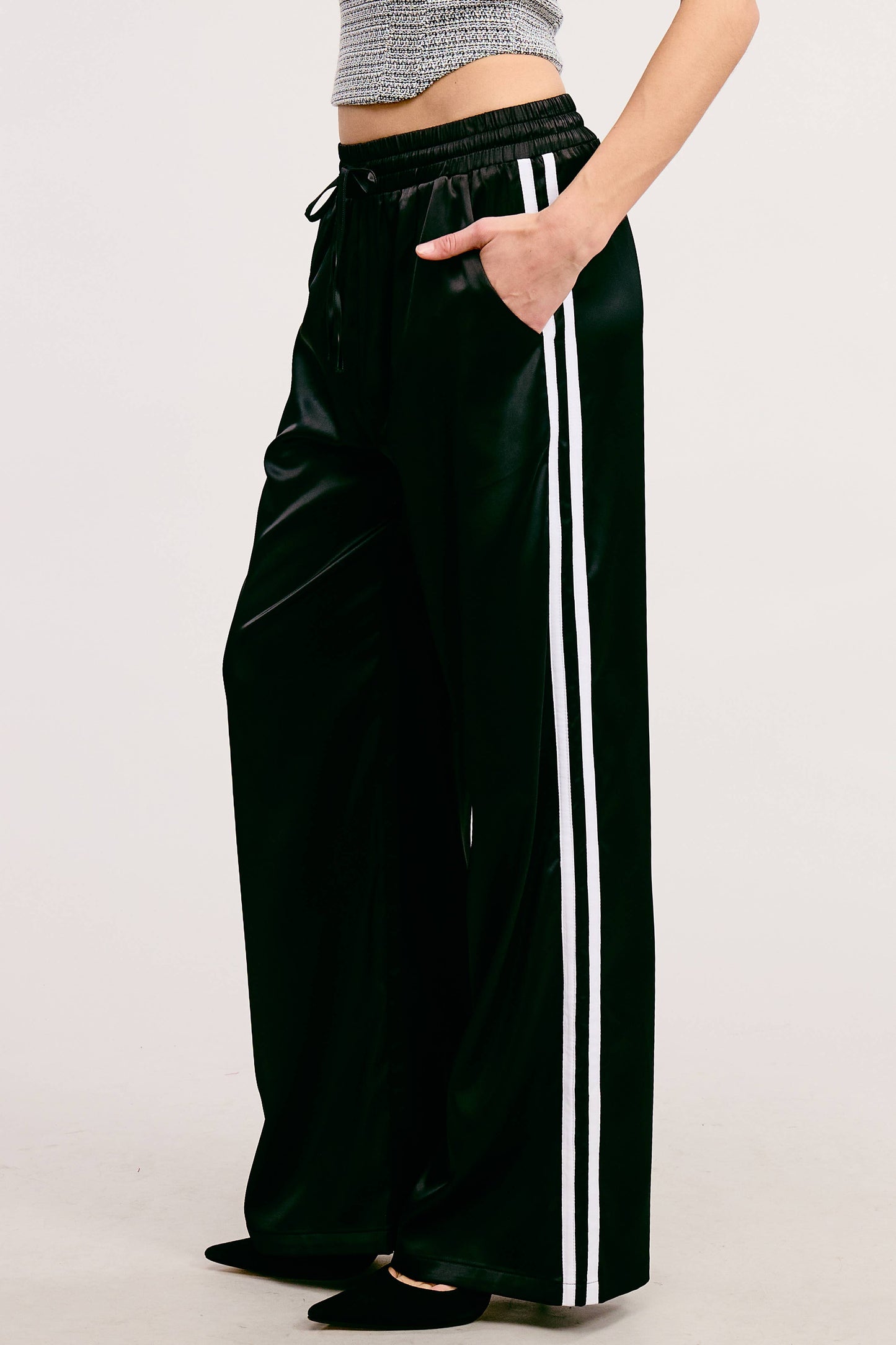 Satin Track Pants with Side Stripes - Black w/ White