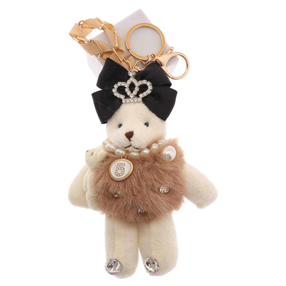 TEDDY BEAR WITH PEARL NECKLACE KEYCHAIN - BROWN