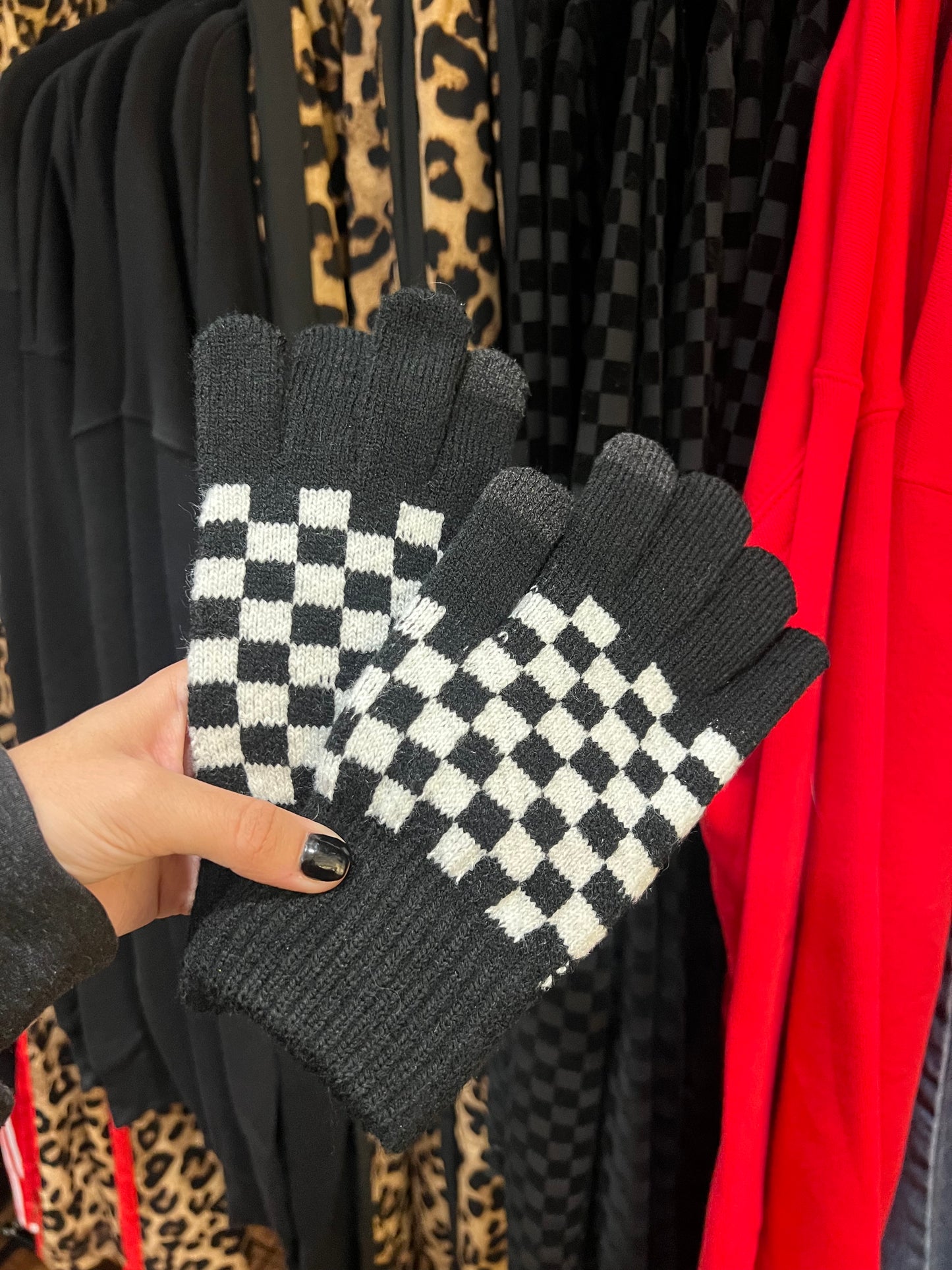 Checkered Knit Gloves - Black