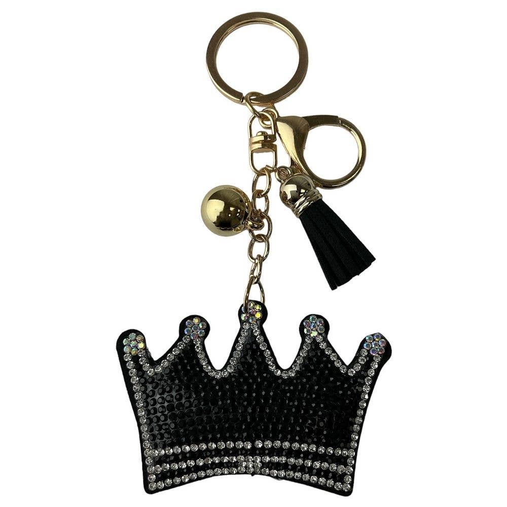 RHINESTONE CROWN KEYCHAIN WITH TASSEL - BLACK