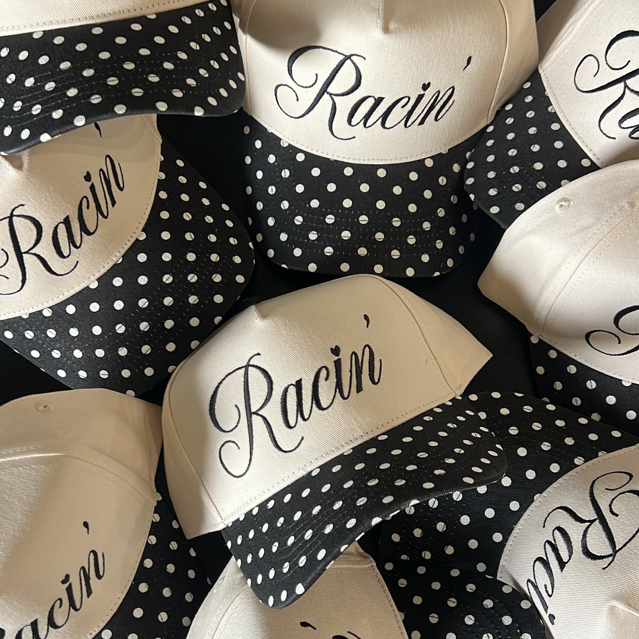 RACE QUEEN COUTURE Racin’ Script Polka Dot Hat
