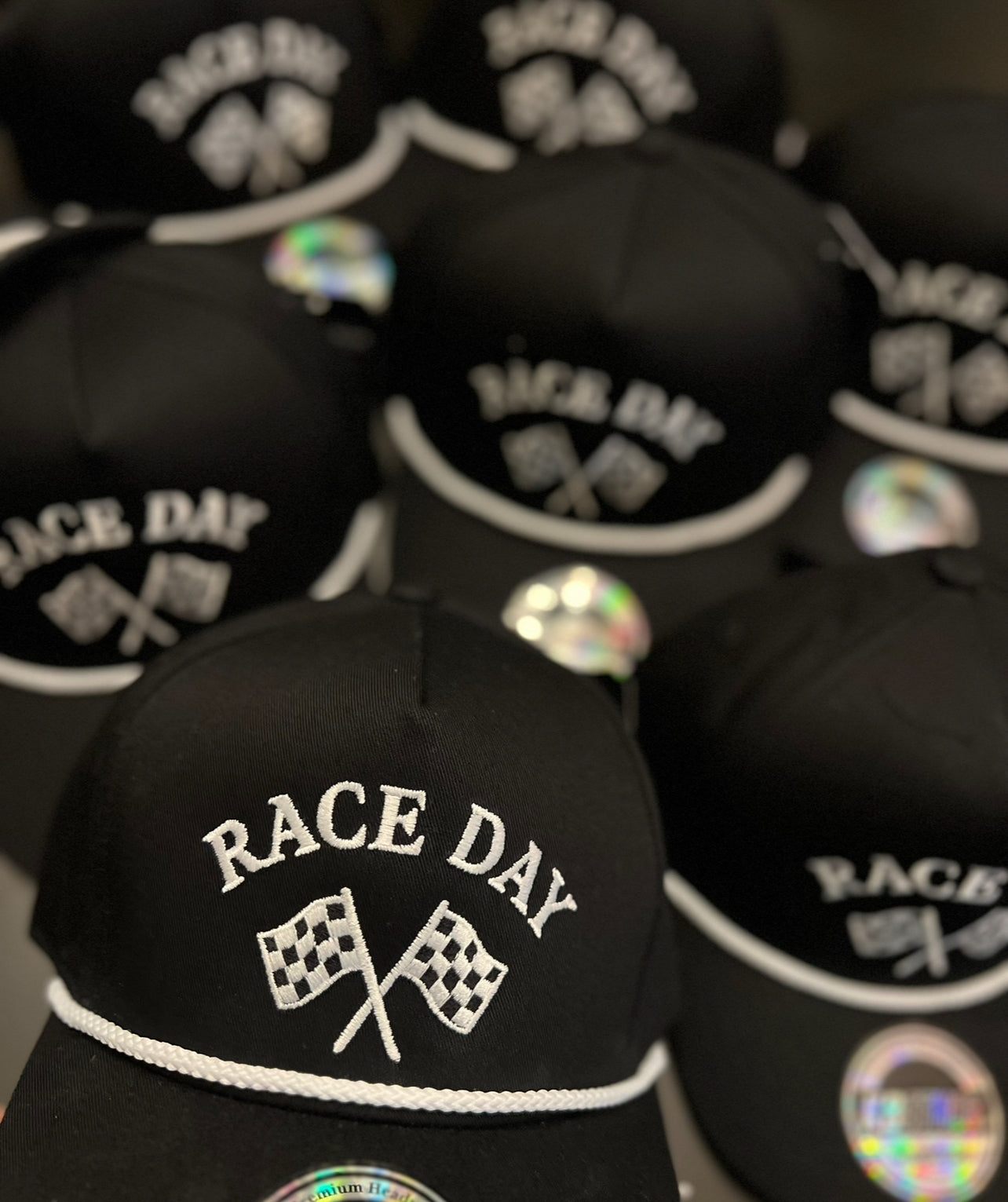 “RACE DAY” With Checkered Flags - Black Hat/White Rope