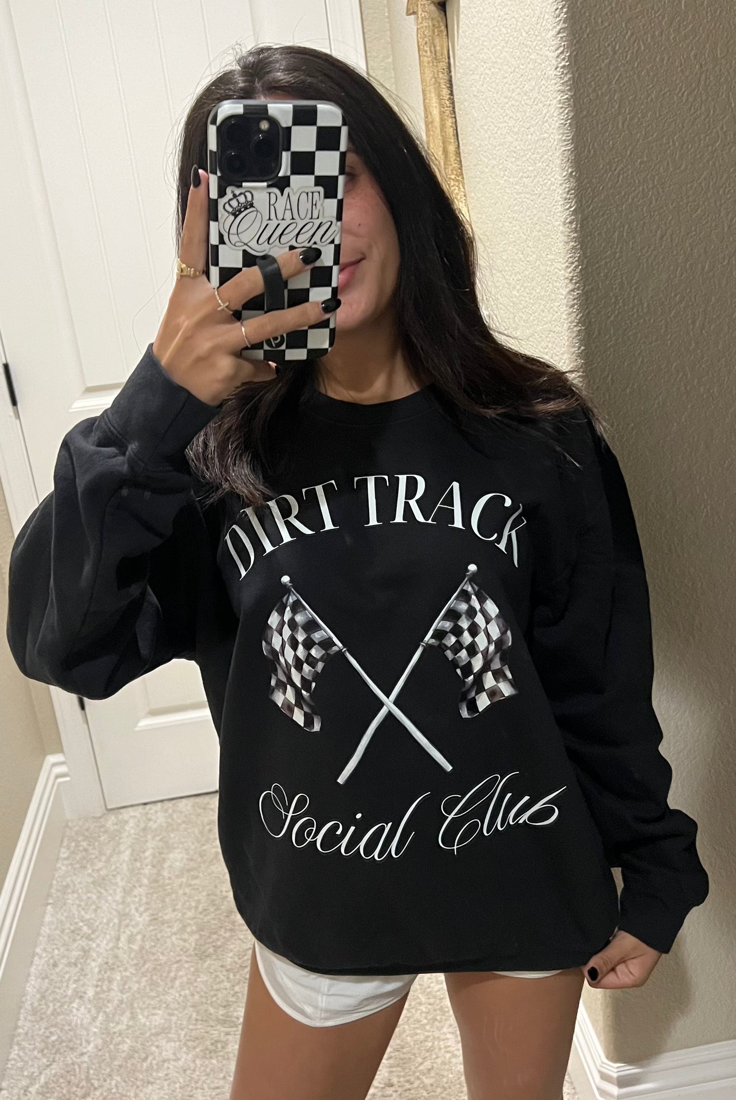 RACE QUEEN Dirt Track Social Club with Signature Checkered Flags - BLACK Crewneck