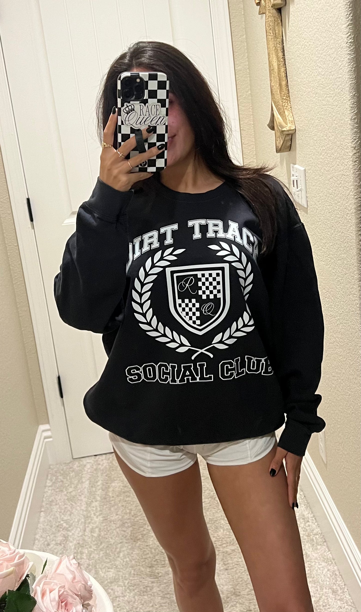 RACE QUEEN Dirt Track Social Club with Crest - BLACK Crewneck
