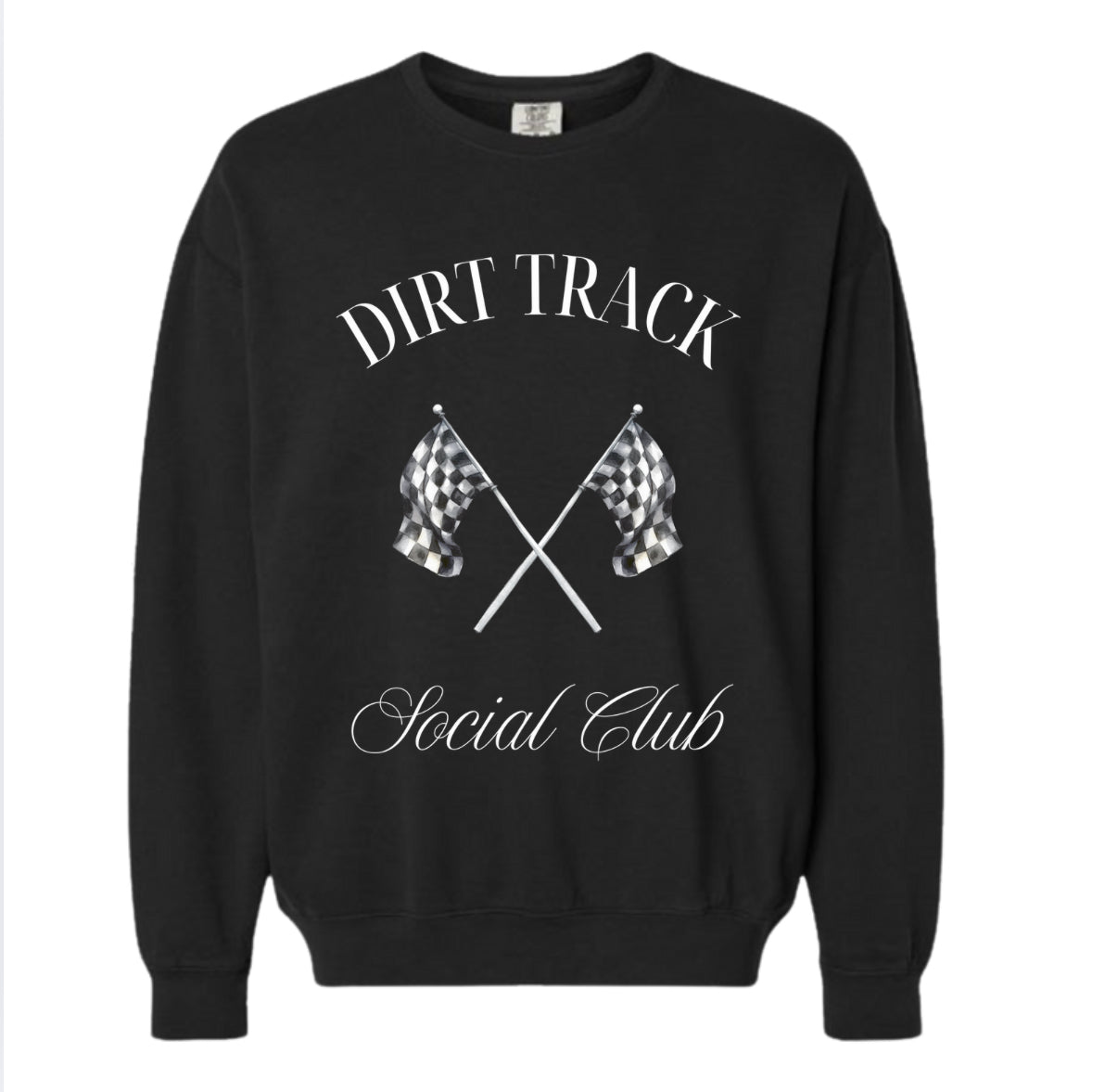 RACE QUEEN Dirt Track Social Club with Signature Checkered Flags - BLACK Crewneck