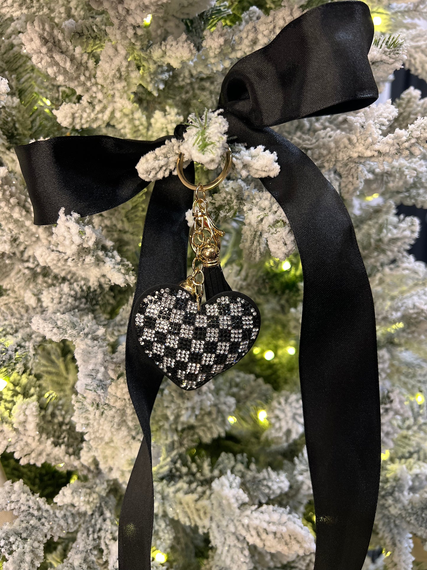 Checkered Black White Crystal Heart Puffy Keychain