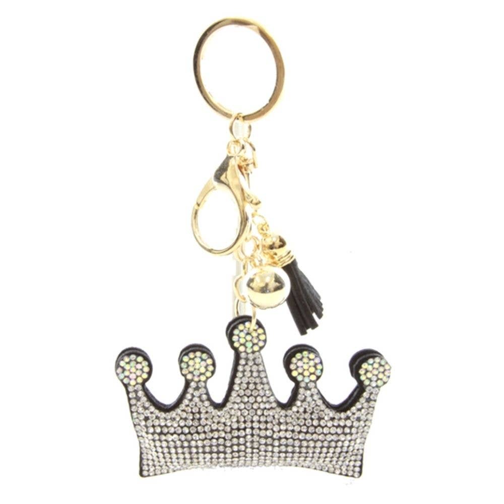 RHINESTONE CROWN KEYCHAIN WITH TASSEL - SILVER