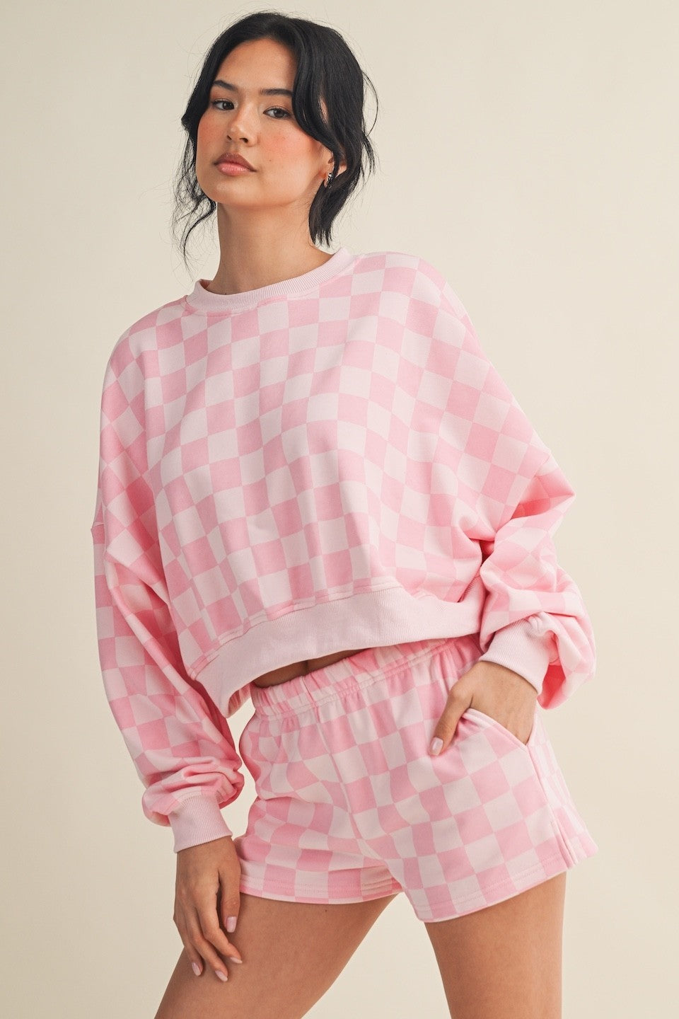 Pink Checkered Crop Crewneck