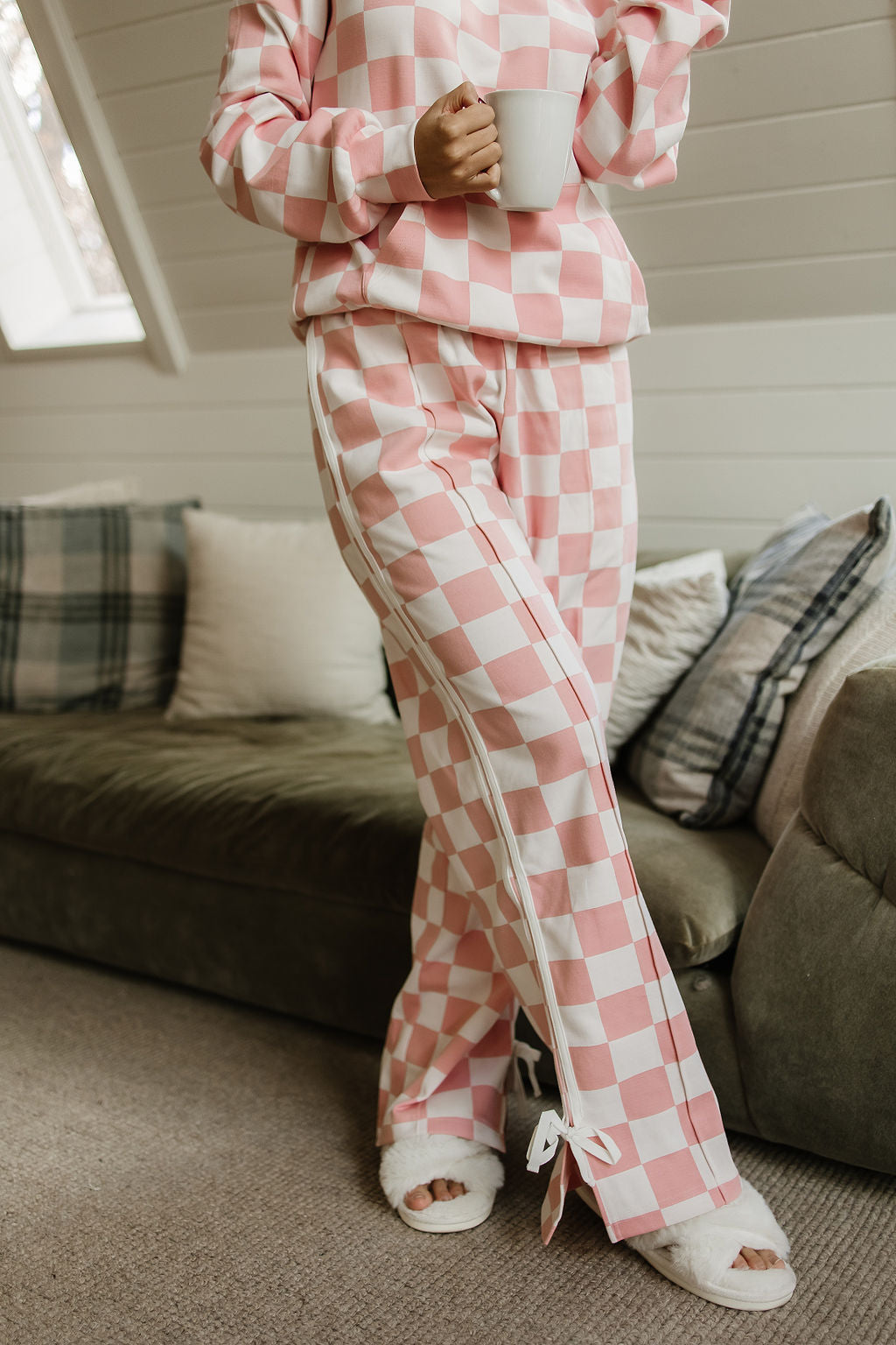 Checkered Wide Leg Bow Trackpants - Pink & Powerful