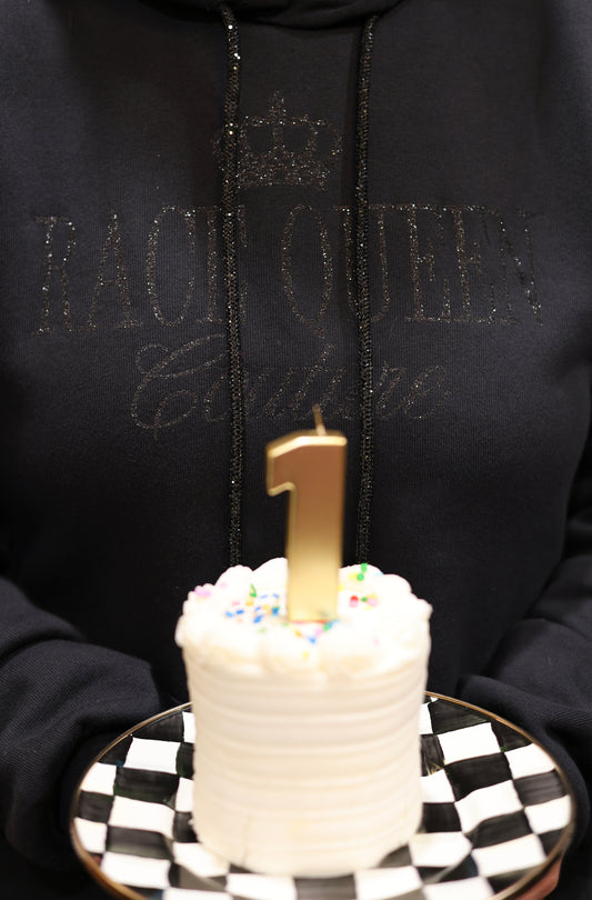 RACE QUEEN COUTURE Black on Black Glitter Sweatshirt with Signature Rhinestone Drawstrings (Black)