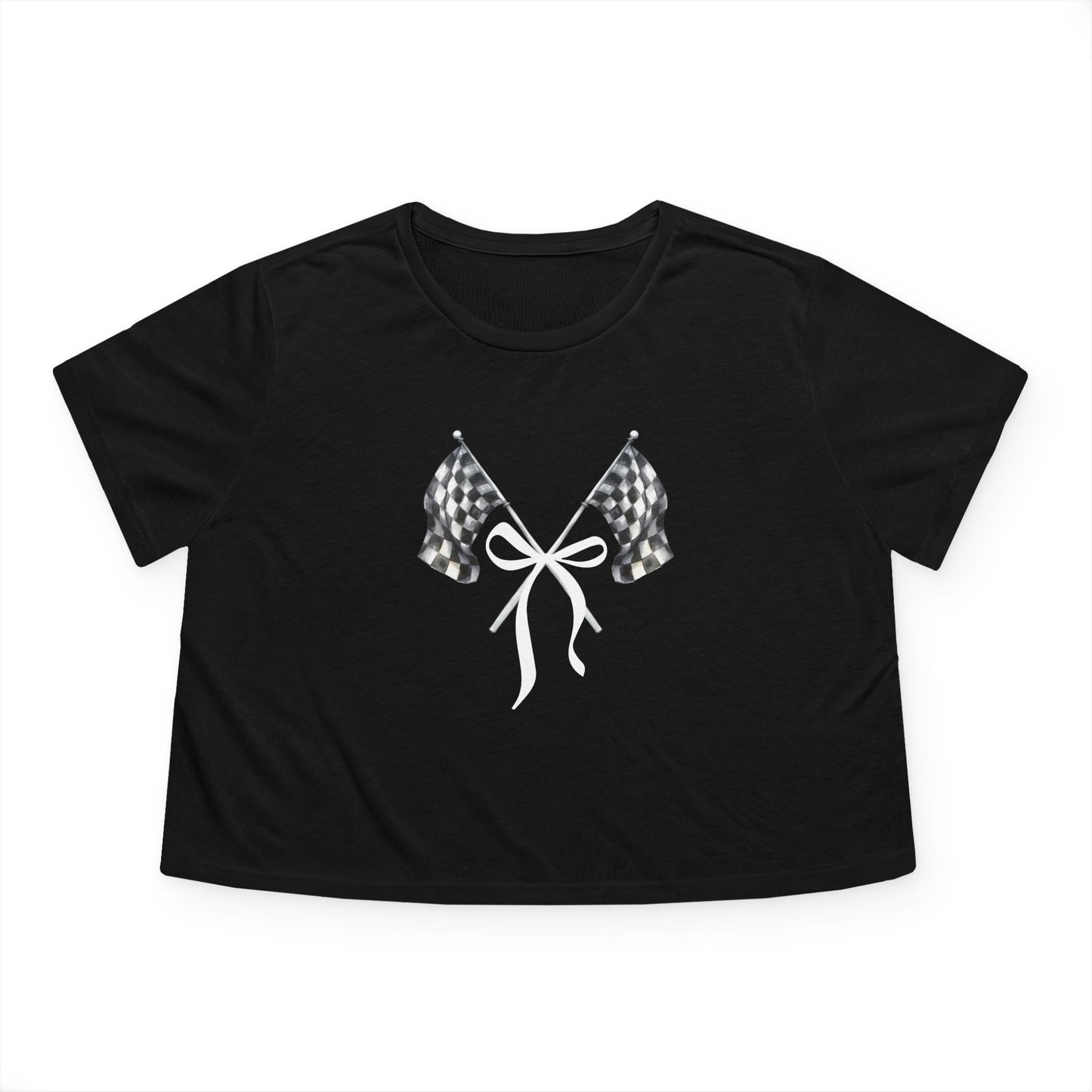 RACE QUEEN Signature Checkered Flags With Bow - Cropped BLACK Tee