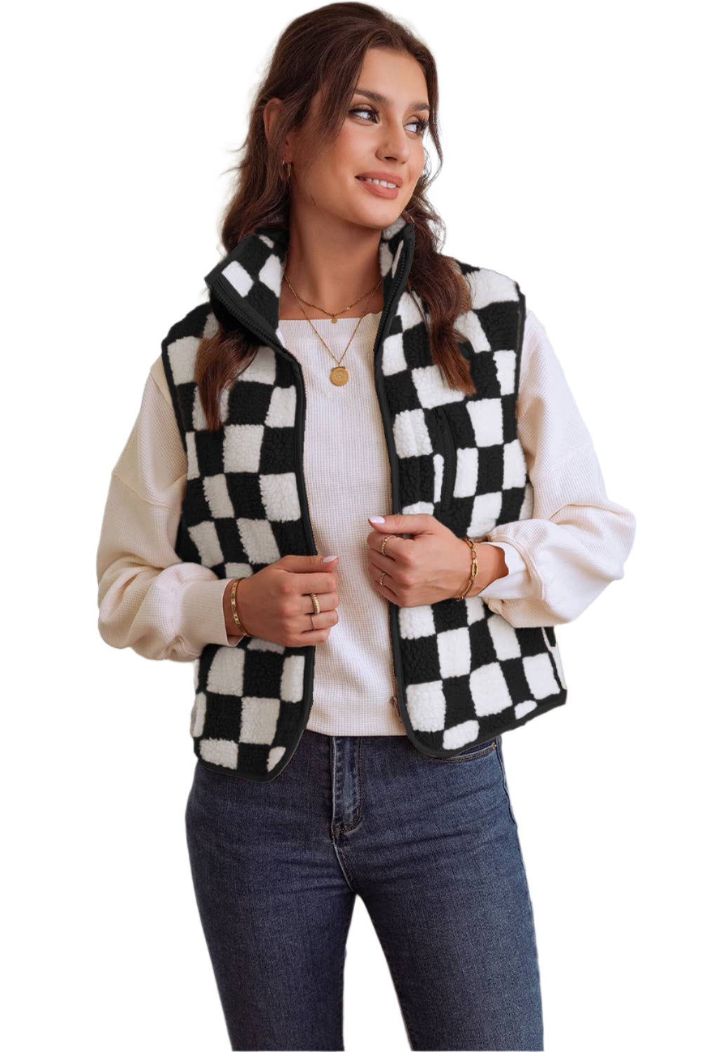 Checkered Sherpa Collared Vest