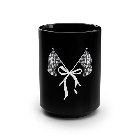 RACE QUEEN Signature Checkered Flags With Bow - 15oz Black Mug