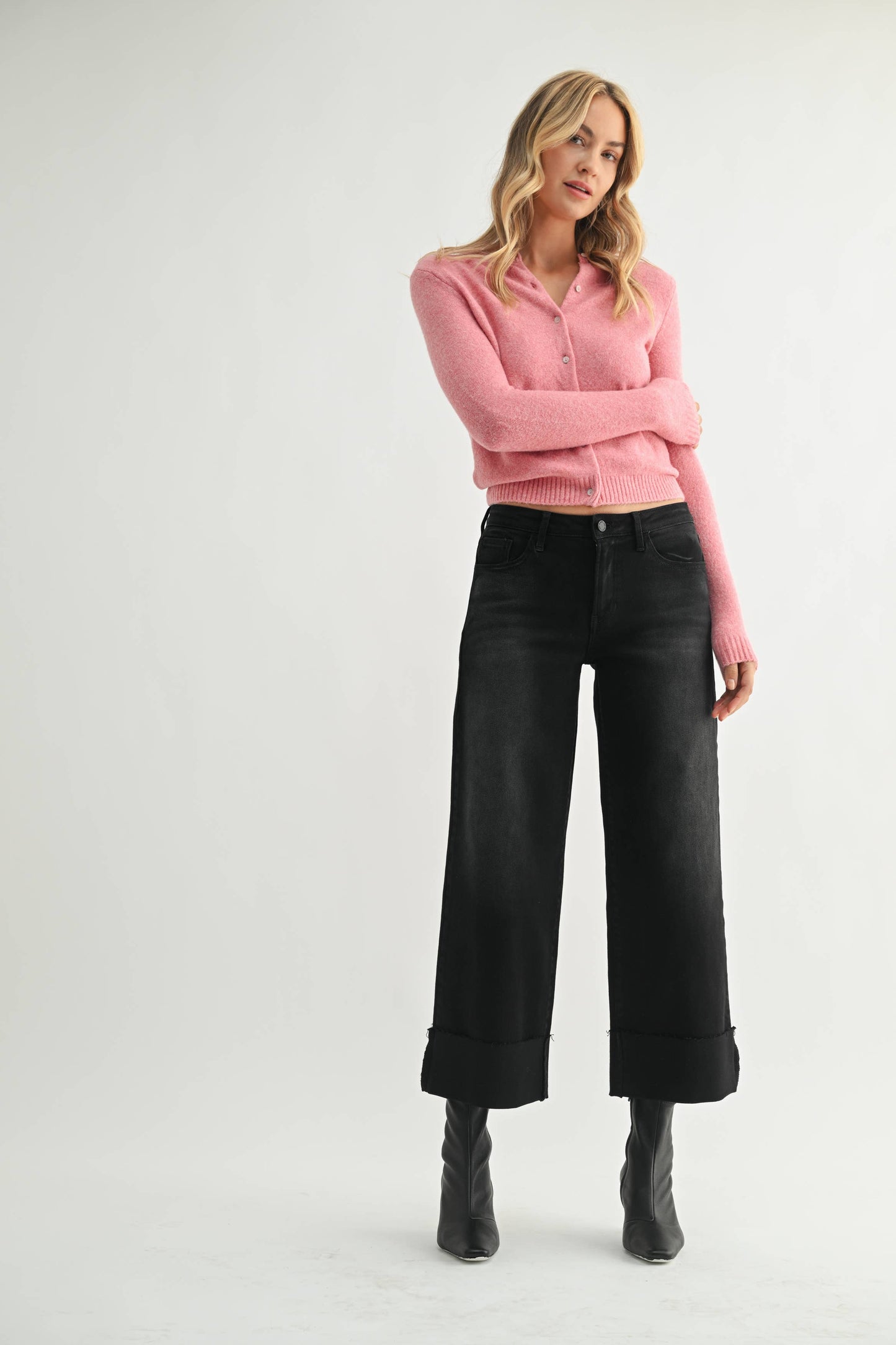 JUST BLACK DENIM - Scissor Cut Cuffed Wide Leg - WASHED BLACK