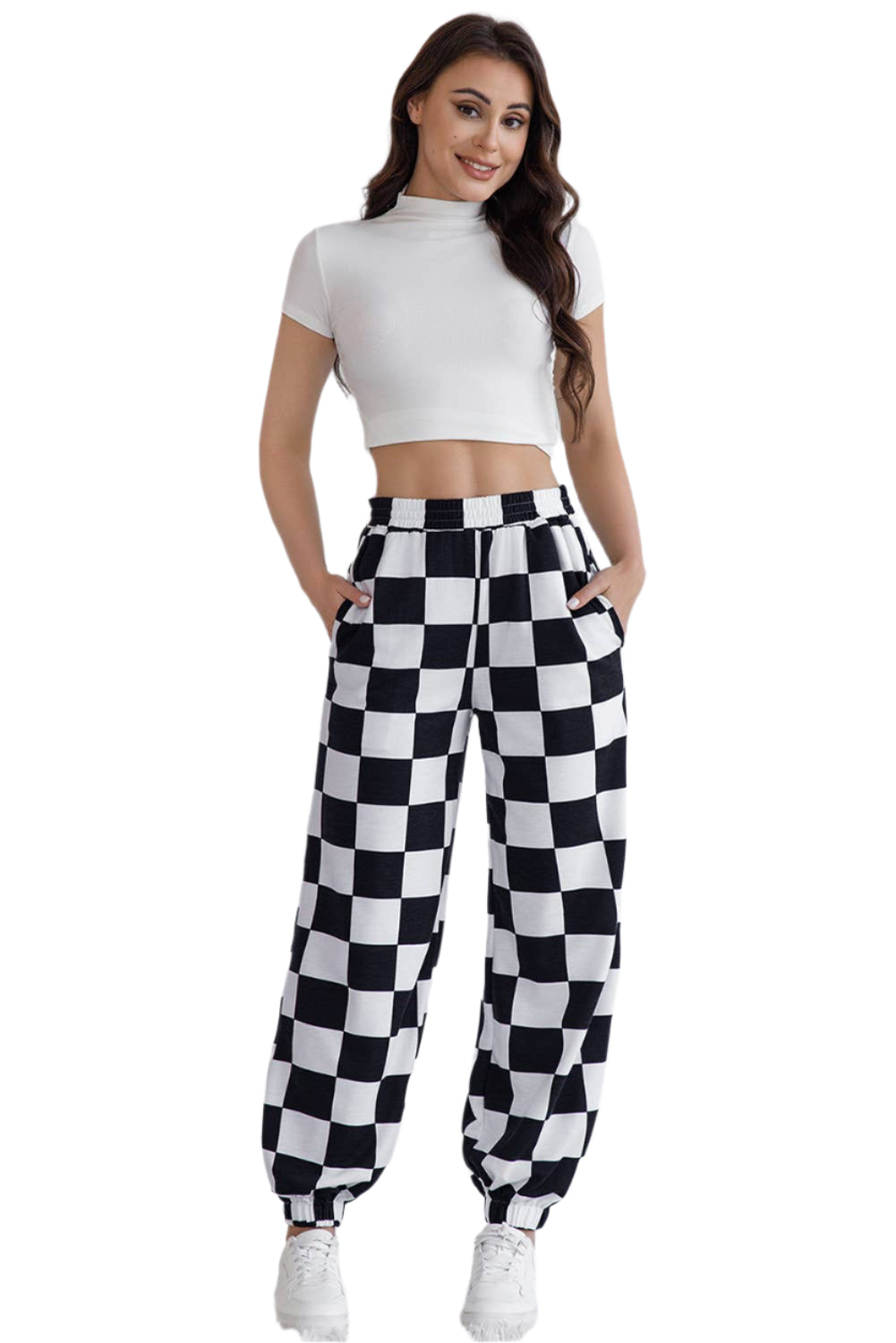 Checkered Elastic Waist Pocketed Joggers