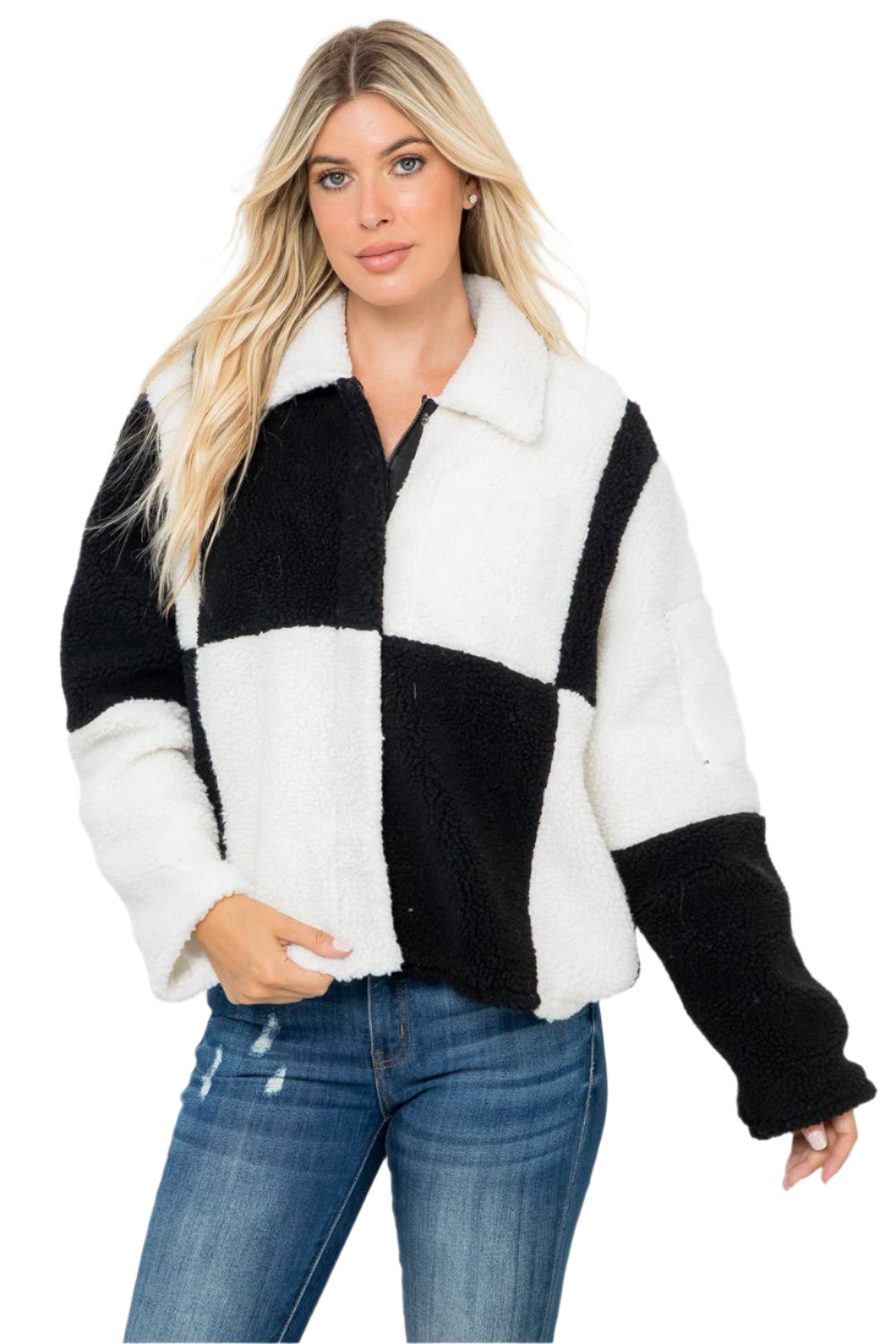 Checkered Sherpa Zip Up Jacket