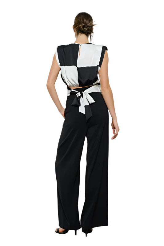 Checkered Sleeveless Satin Back-Tie Crop Top