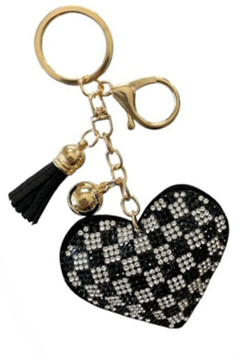 Checkered Black White Crystal Heart Puffy Keychain