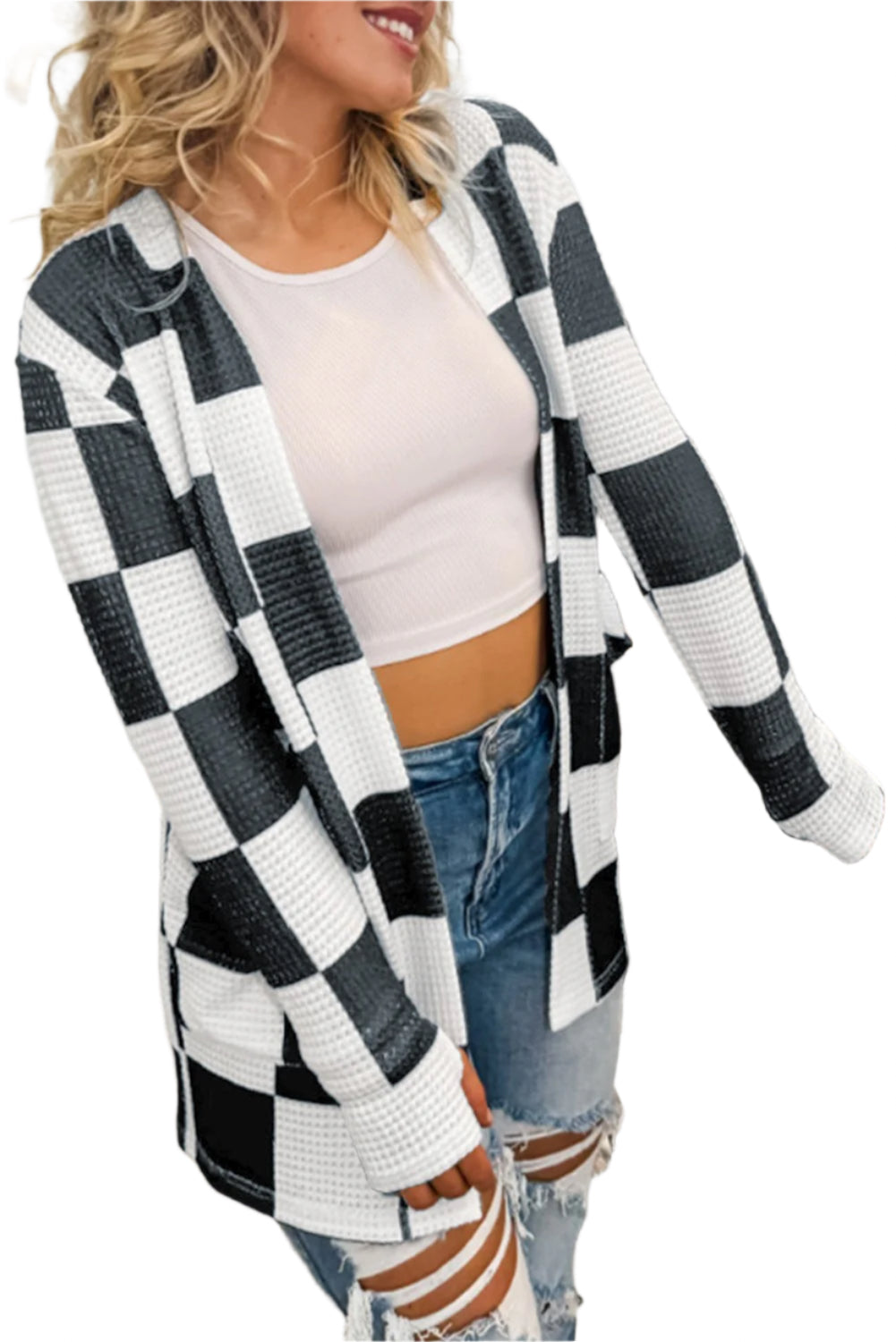 Checkered Waffle Cardigan
