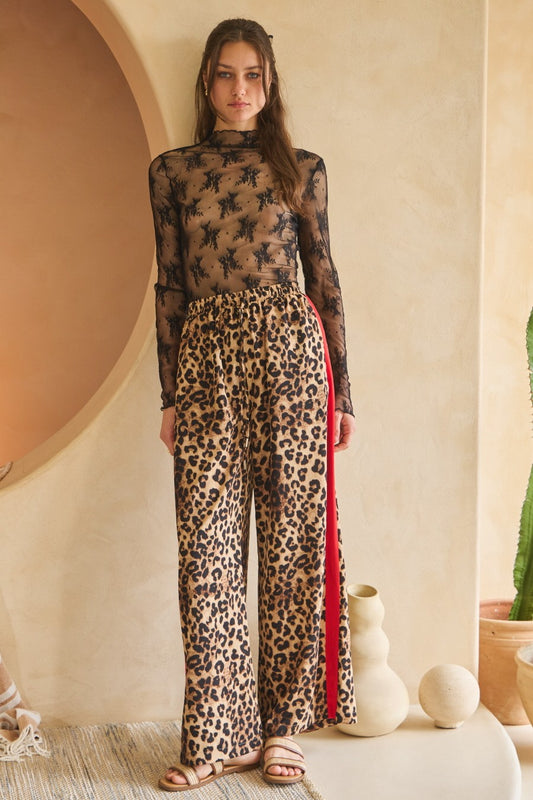 Leopard Printed Pants w/ Red Stripe