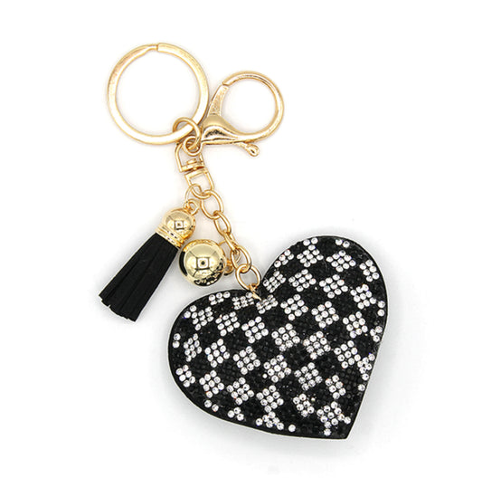 Checkered Black White Crystal Heart Puffy Keychain