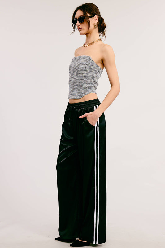 Satin Track Pants with Side Stripes - Black w/ White