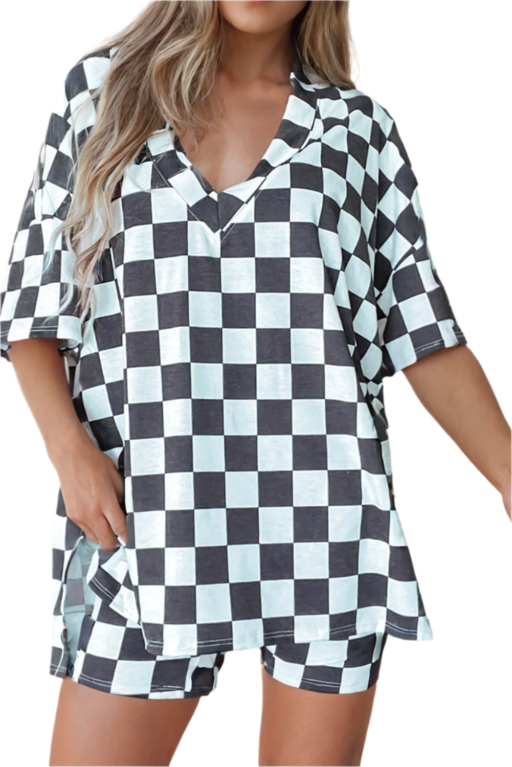 Checkered V-Neck Lounge Set