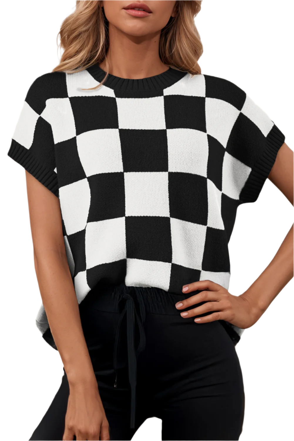 Checkered Short Sleeve Sweater - Katelyn