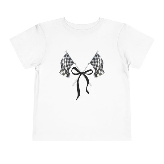 PIT PRINCESS Signature Checkered Flags With Bow - Youth Short Sleeve WHITE Tee