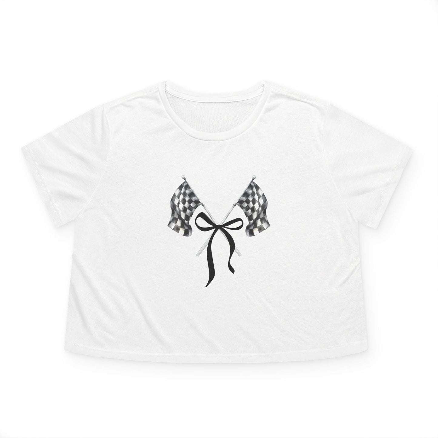 RACE QUEEN Signature Checkered Flags With Bow - Cropped WHITE Tee