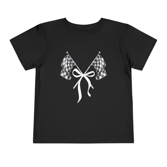 PIT PRINCESS Signature Checkered Flags With Bow - Youth Short Sleeve BLACK Tee