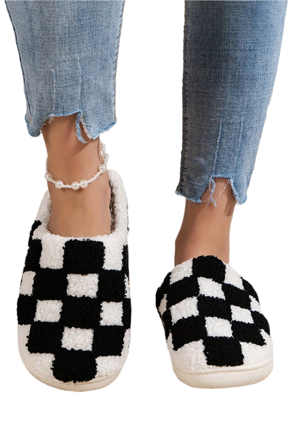 Checkered Fuzzy Slip-On Slippers