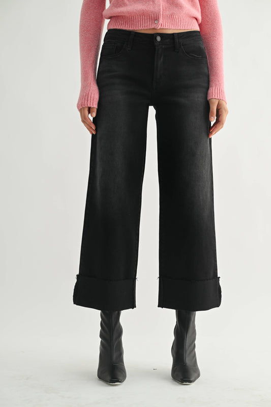 JUST BLACK DENIM - Scissor Cut Cuffed Wide Leg - WASHED BLACK