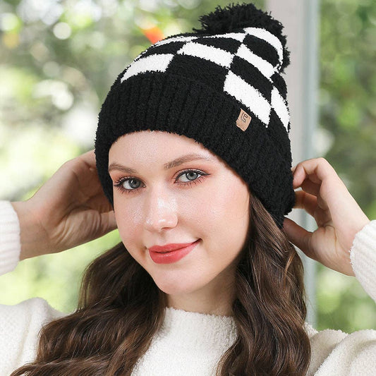 Checkered Beanie with Pom Pom