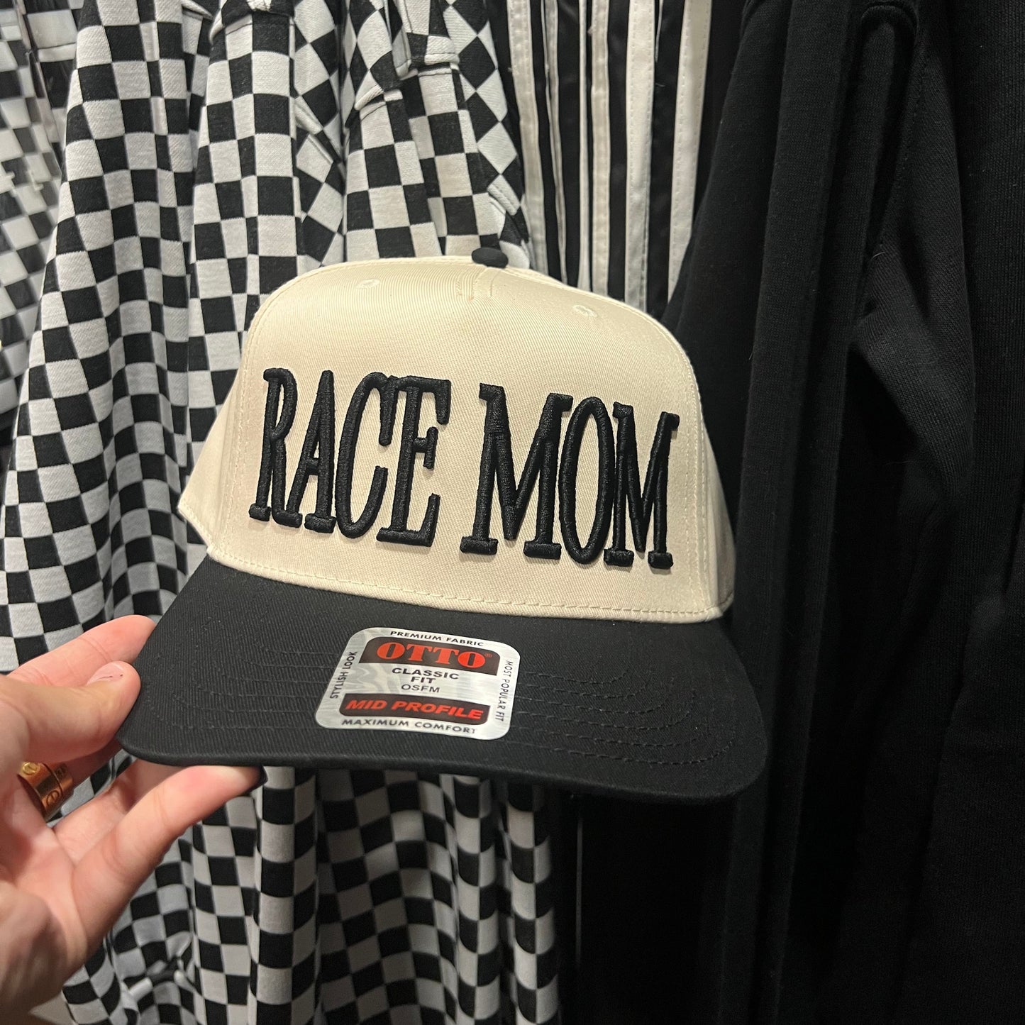 RACE QUEEN COUTURE "RACE MOM" Snapback Hat - Cream Hat w/ Black Stitching