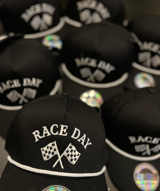 “RACE DAY” With Checkered Flags - Black Hat/White Rope