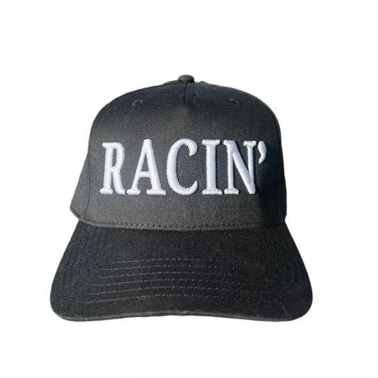 RACE QUEEN 'RACIN" Snapback Hat - Black Hat w/ White Stitching