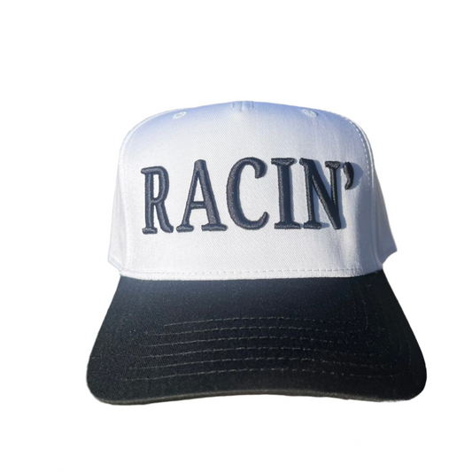 RACE QUEEN "RACIN" Snapback Hat - White Hat w/ Black Stitching
