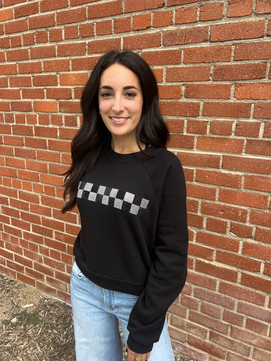 RACE QUEEN COUTURE Rhinestone Checkered Crewneck