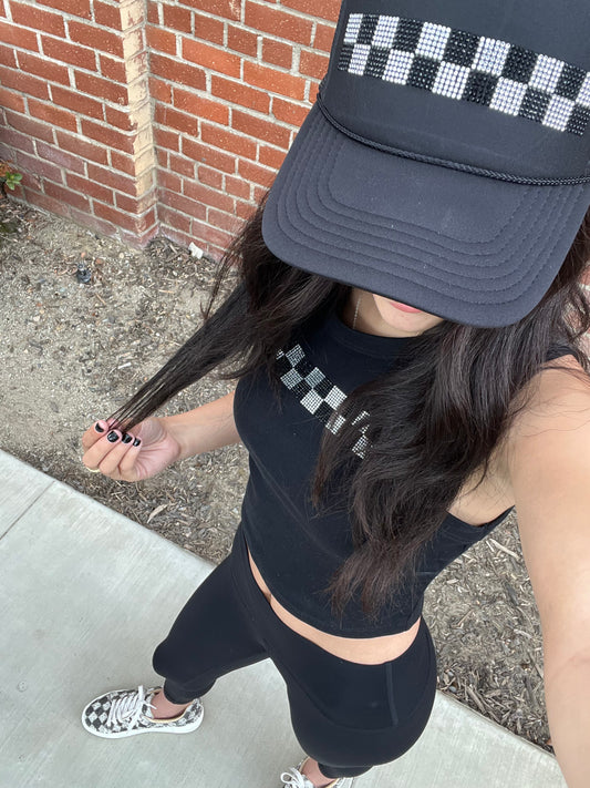 RACE QUEEN COUTURE Rhinestone Checkered Trucker Hat