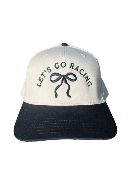 RACE QUEEN COUTURE - "LET'S GO RACING" Snapback Hat - Cream Hat w/ Black Stitching