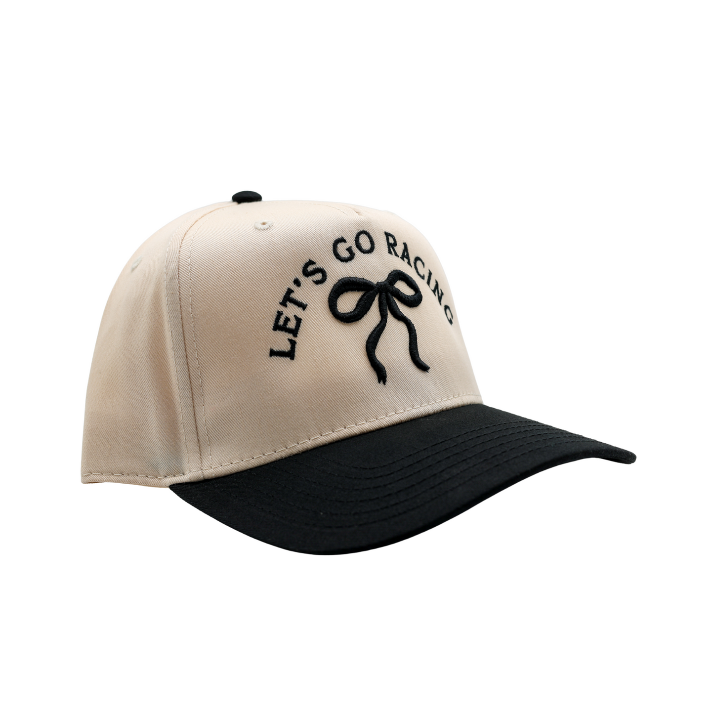 RACE QUEEN COUTURE - "LET'S GO RACING" Snapback Hat - Cream Hat w/ Black Stitching