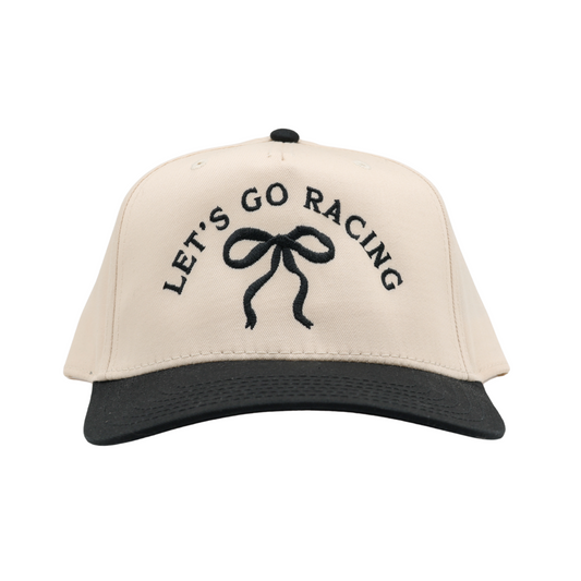 RACE QUEEN COUTURE - "LET'S GO RACING" Snapback Hat - Cream Hat w/ Black Stitching