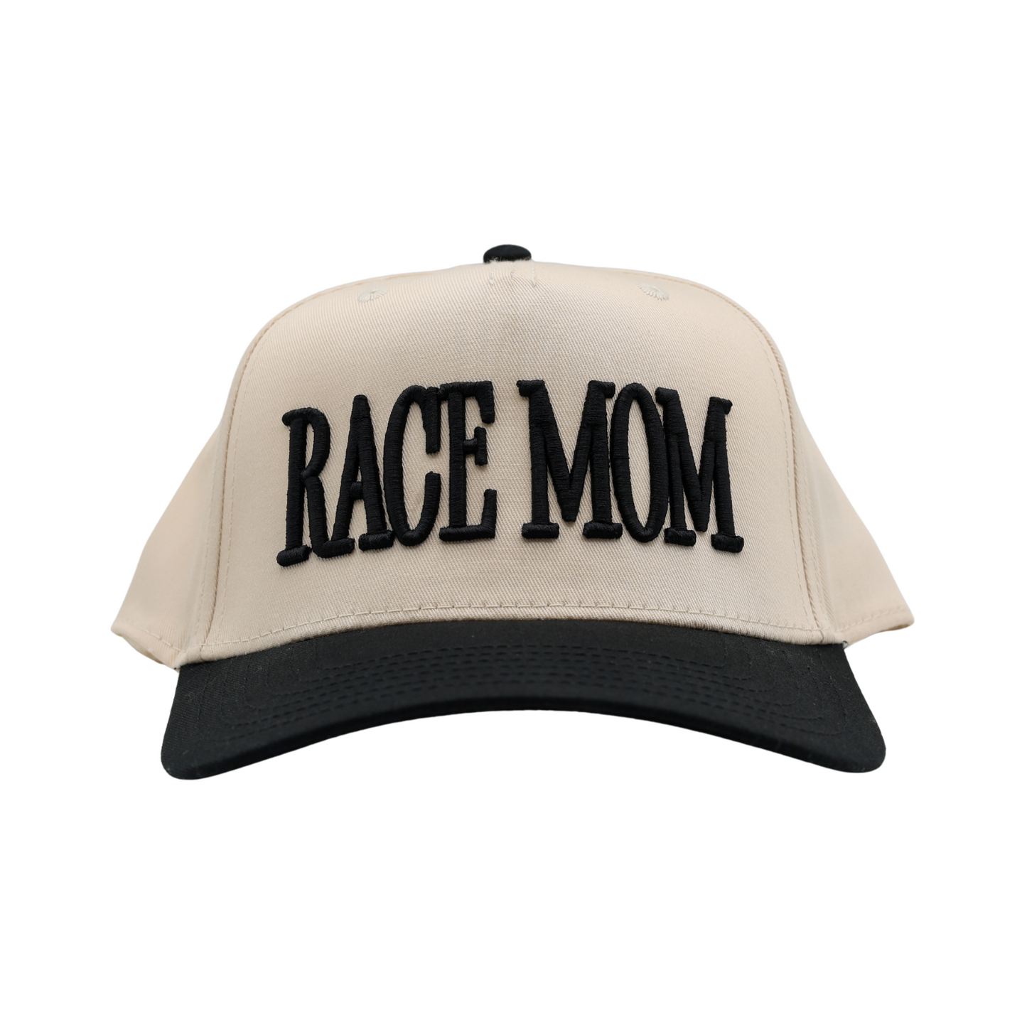 RACE QUEEN COUTURE "RACE MOM" Snapback Hat - Cream Hat w/ Black Stitching