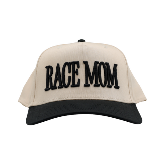 RACE QUEEN COUTURE "RACE MOM" Snapback Hat - Cream Hat w/ Black Stitching