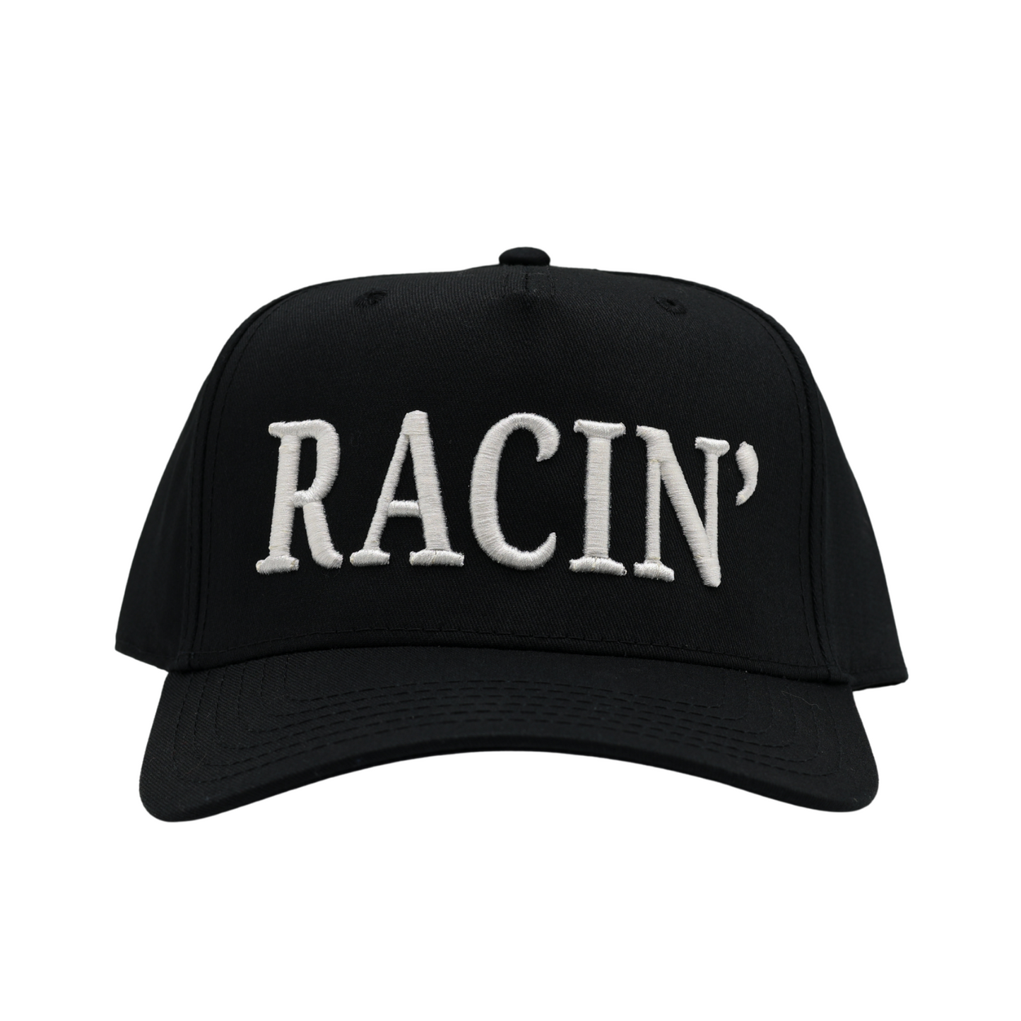 RACE QUEEN 'RACIN" Snapback Hat - Black Hat w/ White Stitching