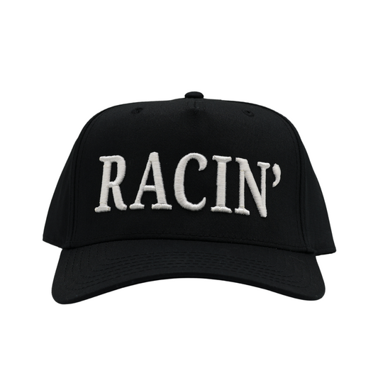 RACE QUEEN 'RACIN" Snapback Hat - Black Hat w/ White Stitching